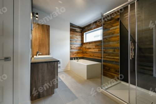 Preview: Modern bathroom with barn wood general view