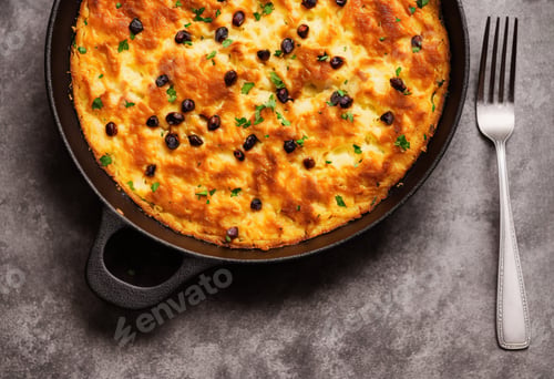 Preview: Spanish omelette with potatoes and onion, typical Spanish cuisine. Copy space. top view