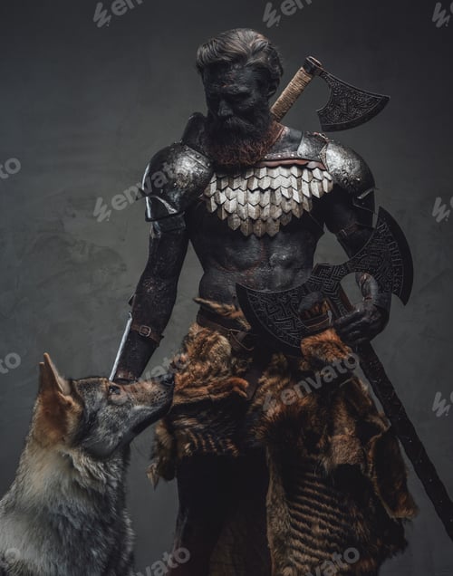 Preview: Handsome and evil guardian holding a double axe standing with a wolf