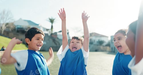 Preview: Excited children, soccer or team with celebration for winning, competition or sports on field. Youn