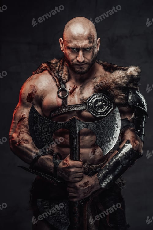 Preview: Muscular and grimy viking with hairless head and huge axe