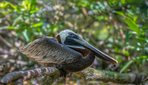 Preview: Brown Pelican Perched on Branch in Lush Tropical Habitat