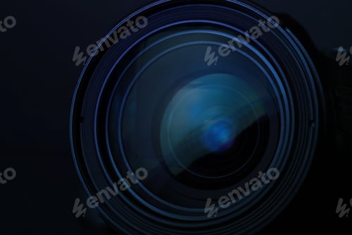 Preview: Lens of professional camera on black background, closeup