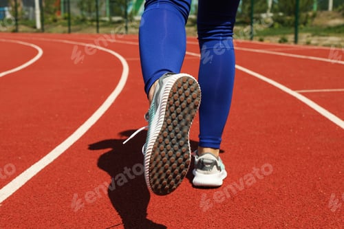 Preview: Girl running on red athletic track. Sport concept