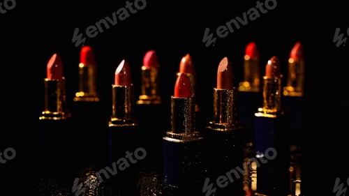 Preview: Close up view of bright red lipsticks with water drops black background