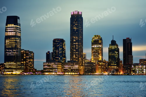 Preview: Amazing view of cityscape of New Jersey and Hudson river on blue hour.