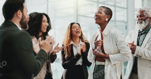 Preview: Business people, applause and celebration in office for prize, achievement or employee development.