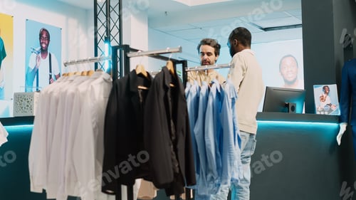 Preview: Male shopper paying for trendy clothes collection