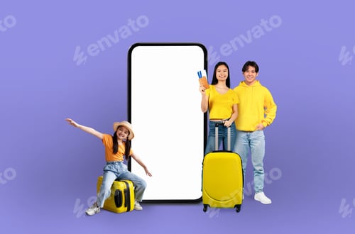 Preview: Asian family by a smartphone frame for travel apps