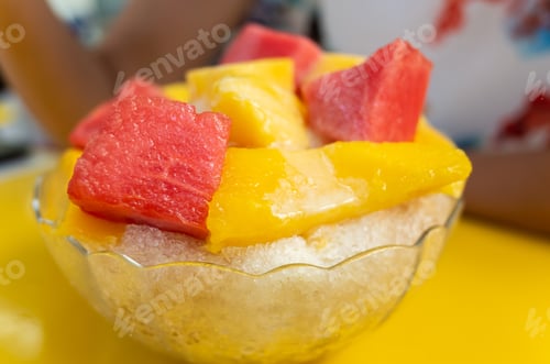 Preview: Fruit Shaved Ice With Watermelon And Mango On A Plate