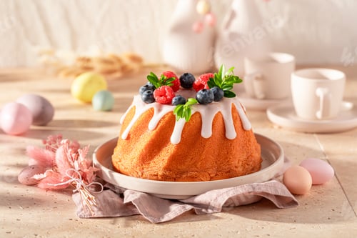 Preview: Delicious Easter ring cake accompanied by eggs and willows.