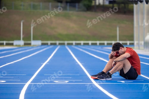 Preview: copyspace Exhausted Runner Sits on the Ground at the Finish Line of an Athletic Track