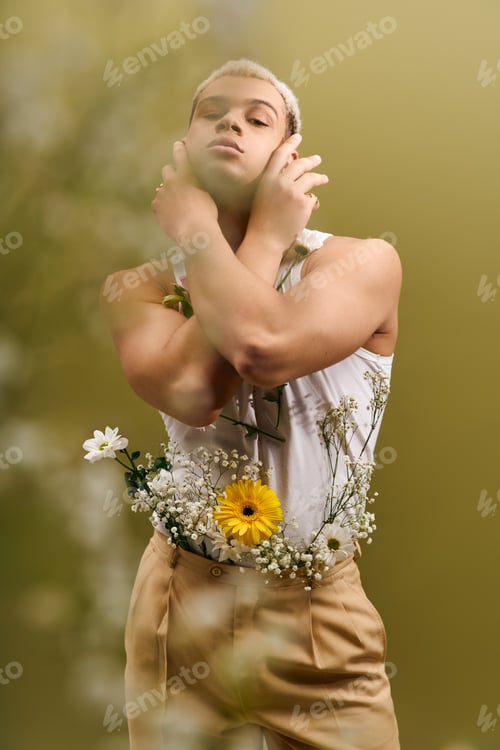 Preview: Young african american man showcases floral fashion in a trendy studio setting