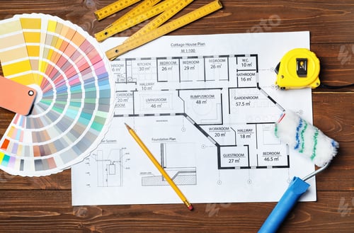 Preview: Set of decorator's tools and project drawing on wooden background, flat lay