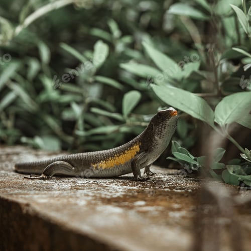 Preview: Close-up shot of a many-striped skink surrounded by green foliage. Eutropis multifasciata.