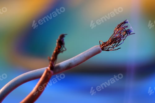 Preview: Closeup shot of white wires with frayed copper edges