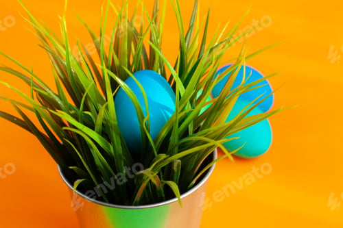 Preview: Pot with grass and colored Easter etggs