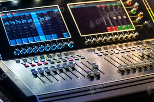 Preview: Mixing console with faders and knobs, adjusting sound in a professional music studio