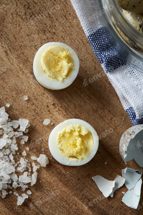 Preview: Top flatview view of composition with some quail eggs