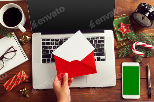 Preview: Flat lay Christmas decoration Office workplace