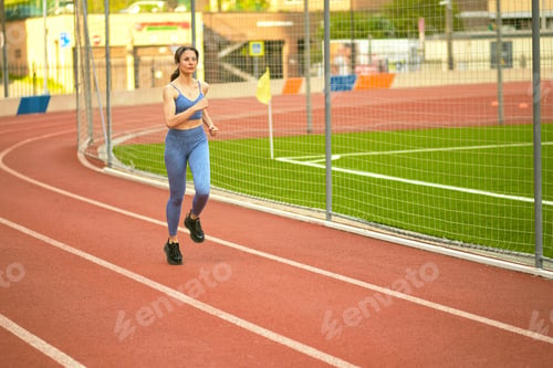 Preview: sunny track, the woman in blue sports attire runs, displaying her commitment to staying active. This