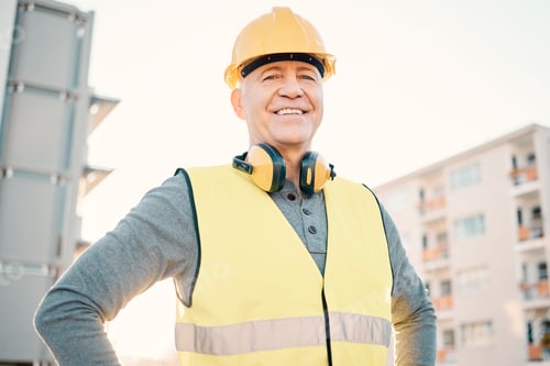 Preview: Construction worker, senior man and architecture, renovation and building industry with portrait ou