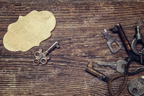 Preview: Old antique key and a set of vintage keys on a wooden background a flat top view, a concept of