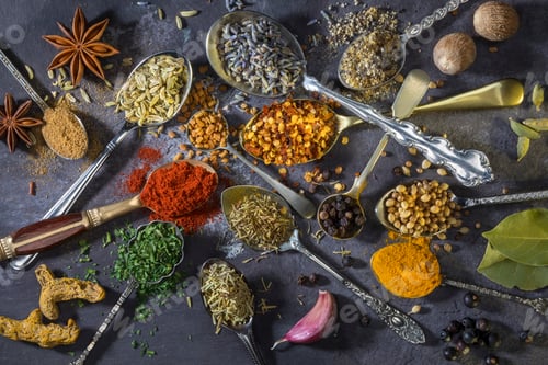 Preview: Spices on spoons - a selection of spices used to add flavor to cooking.