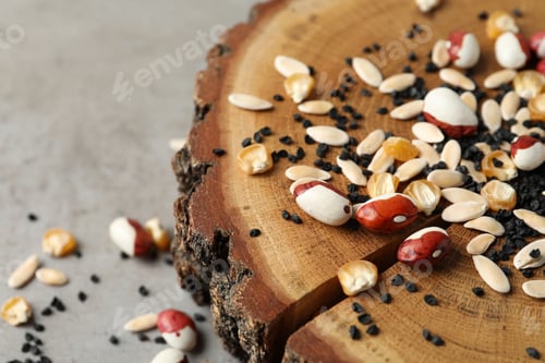 Preview: Mixed vegetable seeds and wooden log on table, closeup