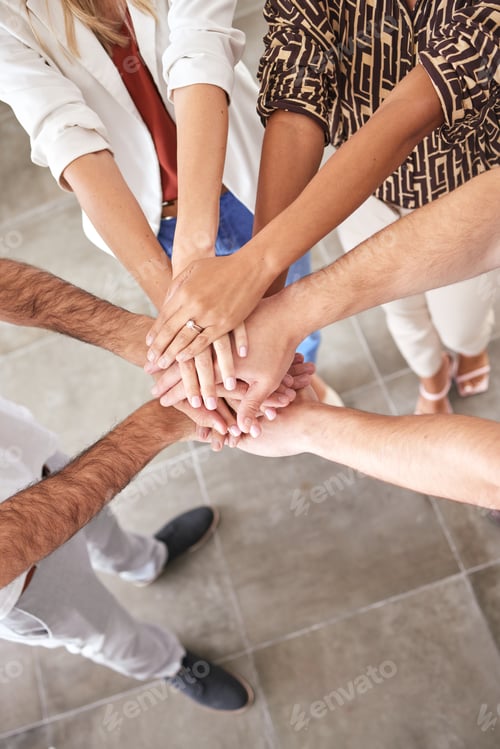 Preview: Motivation, team building and business people hands who support, mission and trust the goal of the