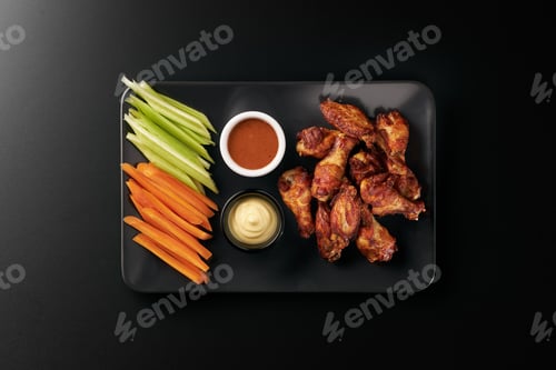 Preview: Top view of Chicken wings with sauces and cut vegetables