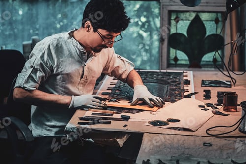 Preview: Focused restorer in glasses is counting right amount for stained glass