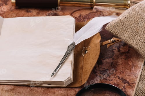 Preview: open copy book with blank pages in leather cover and nib on old world map