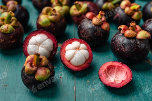 Preview: Mangosteen fruit on light blue wooden background,Tropical fruit
