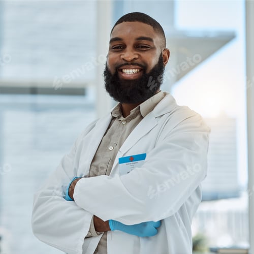Preview: Black man, doctor and portrait with arms crossed in hospital for healthcare services, surgery and c