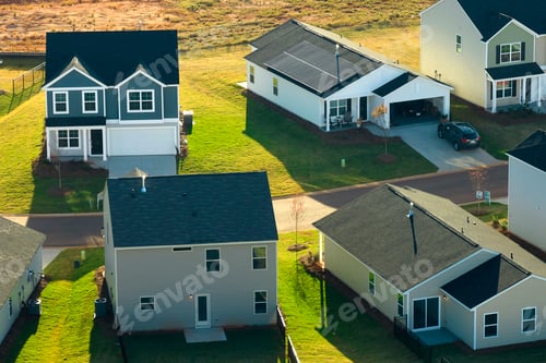 Preview: Aerial view of tightly located new family houses in South Carolina suburban area.