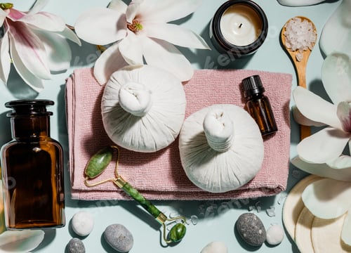 Preview: Natural skin care products, flat lay on blue