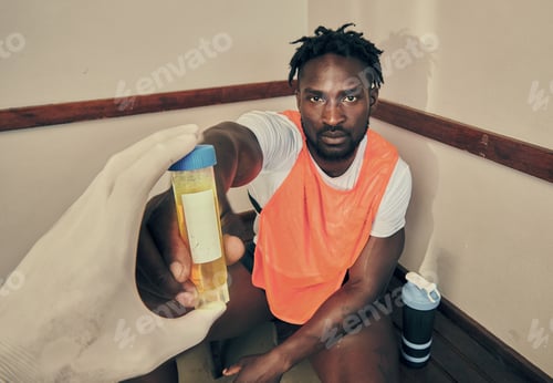 Preview: Sports, doctor and a portrait of a black man with a pee test to check for cheating or drug use. Ana