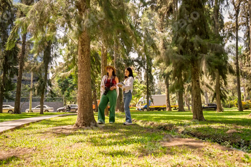 Visualização: Women biology students doing urban forest fieldwork