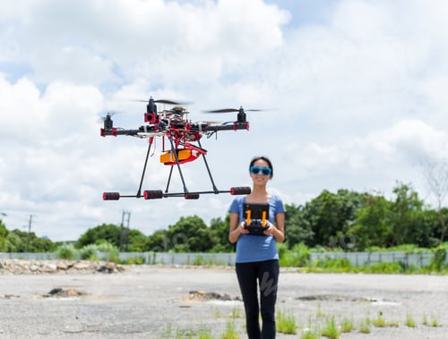 Preview: Woman remote the flying drone at outdoor