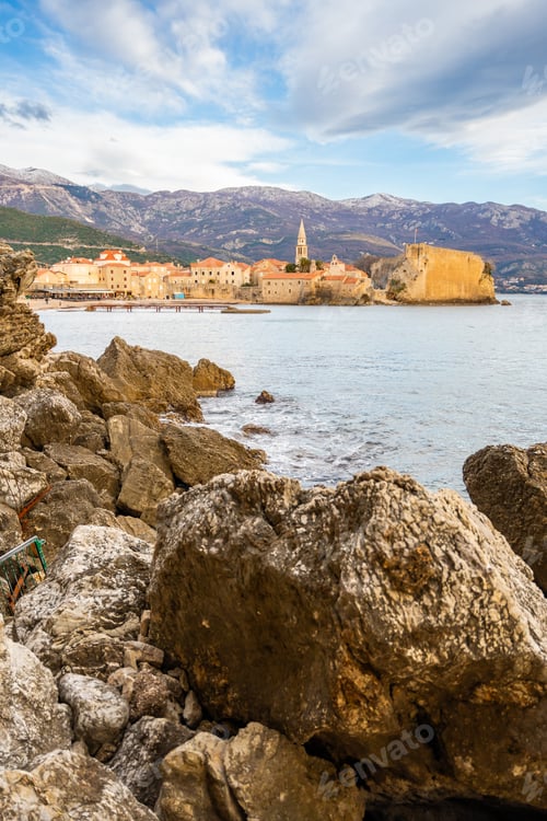 Preview: Budva, Montenegro, Balkans, Europe. Old town and mountains in background in winter time