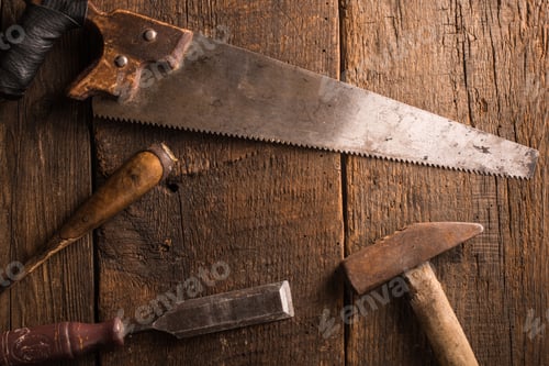 Preview: Top view of carpenter's rusty tools