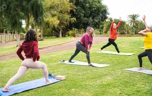 Preview: Multi generational people doing yoga class at city park - Focus on african woman