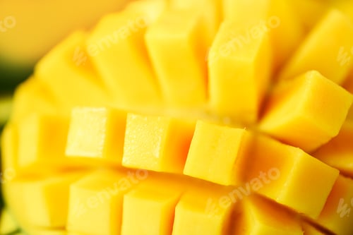 Preview: Exotic mango fruit over tropical green palm leaves on yellow background. Copy space. Pop art design