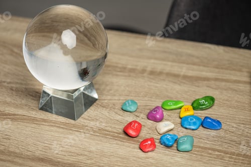 Preview: Crystal ball and colorful stones with zodiac signs on wooden table