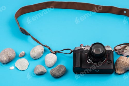 Preview: camera and seashells on a blue background.Background for the traveler