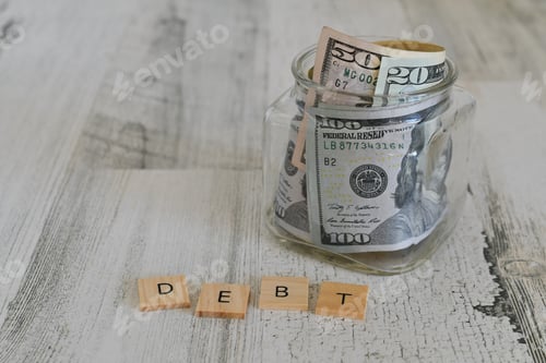 Preview: Currency, cash money, in a jar with the word DEBT spelled out in wooden letter tiles.