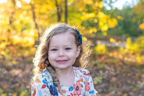 Preview: Fall portrait of cute toddler girl in autumn at golden hour