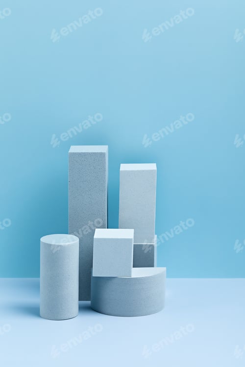 Preview: Podium, stand, platform for product presentation. Abstract blue background and white shapes. Mockup