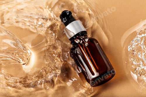 Preview: Oil cosmetic bottle on water waves background